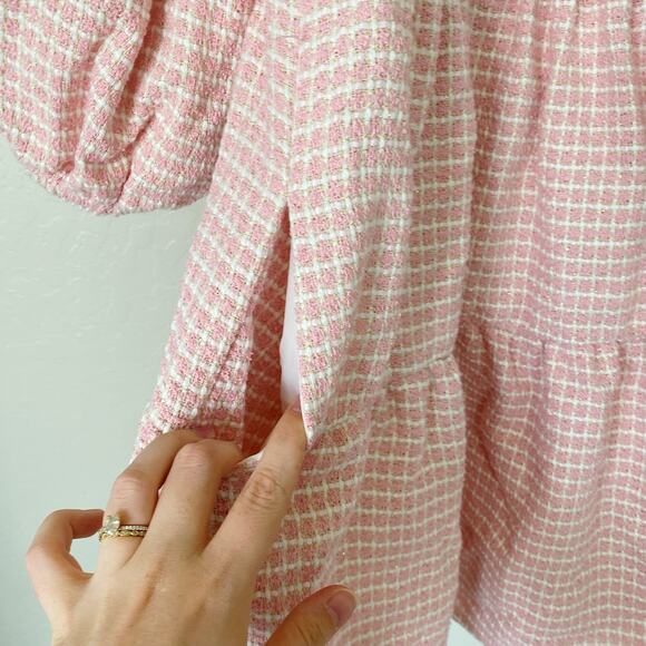 Sister Jane Pink Rosy Knees Tweed Confetti Square Neck Puff Sleeve Dress Size S - Picture 9 of 11